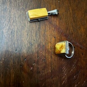 Amber Stone Pendant and Ring Set - Yellow .925 silver